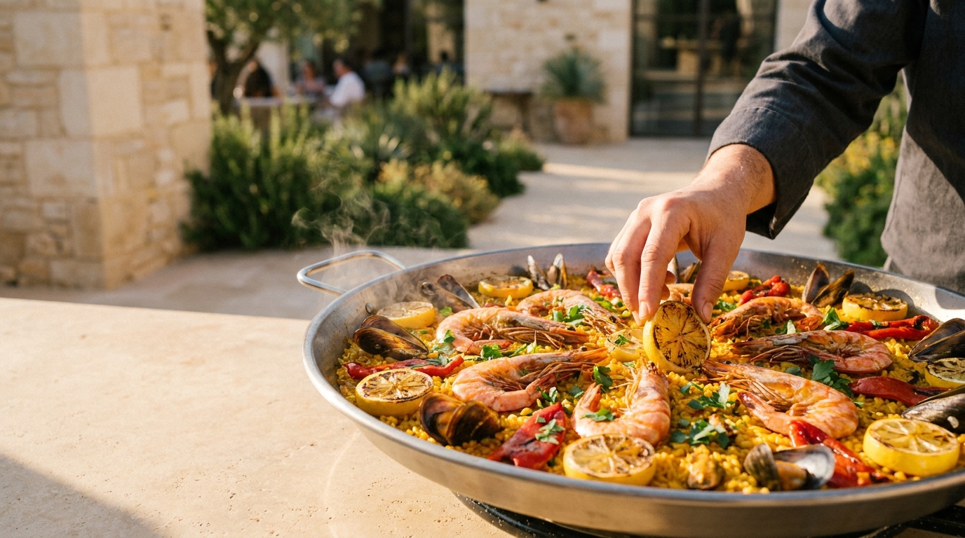 Afgewerkte paella klaar om te serveren