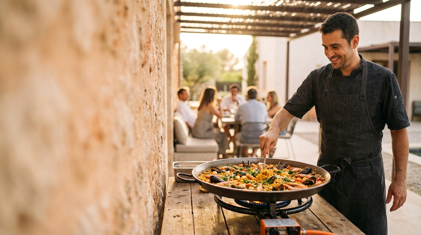 Chef kookt paella live op locatie