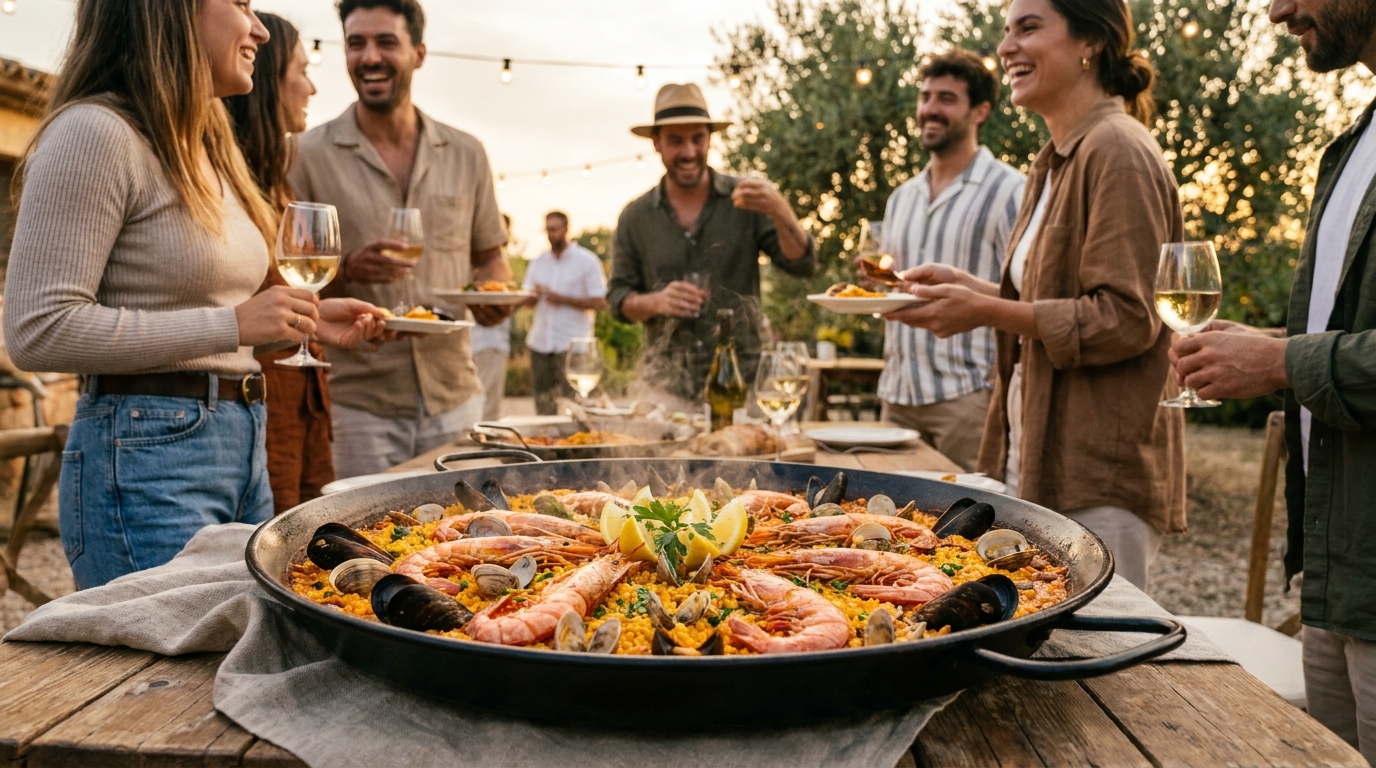 Paella gedeeld in menselijk gezelschap