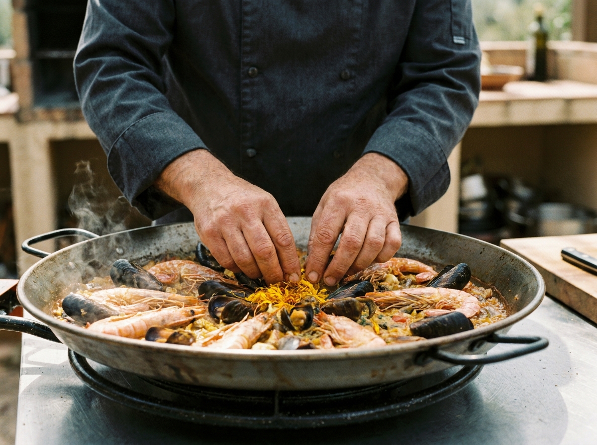 Chef bereidt paella met aandacht